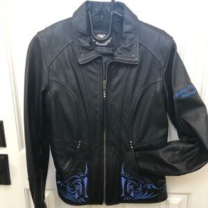 Harley Davidson Black Leather Jacket Gorgeous Bright Blue Embroidery -Size S
